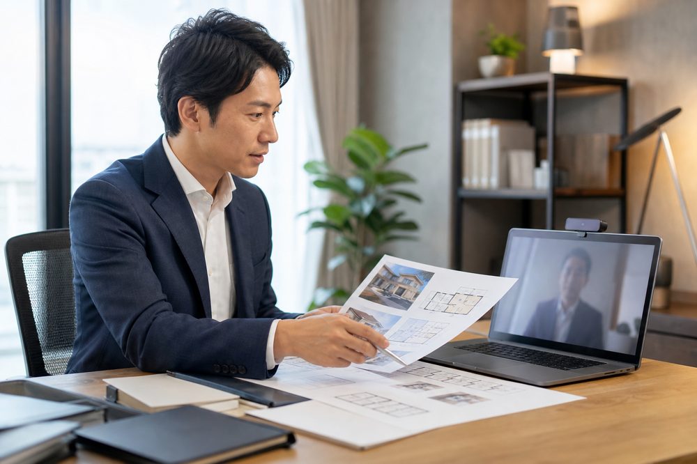 自宅オフィスでラップトップを使ってビデオ通話しながら不動産書類を確認する日本人ビジネスマン