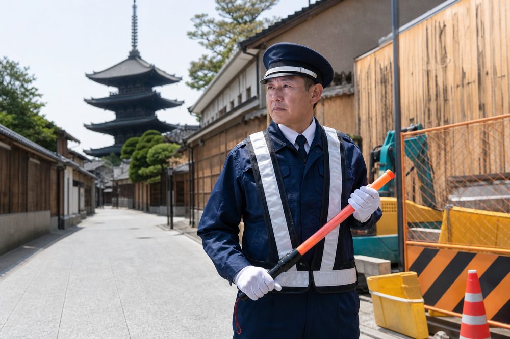 交通誘導警備員が誘導棒を持ち現場に立つ様子