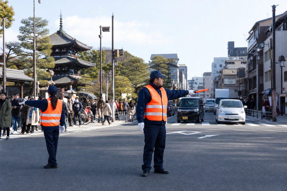 二人の交通誘導警備員が京都の幹線道路で歩行者と車両を管理している