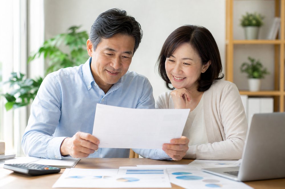 50代夫婦が明るいホームオフィスで老後資金の資産運用計画を笑顔で確認しているシーン