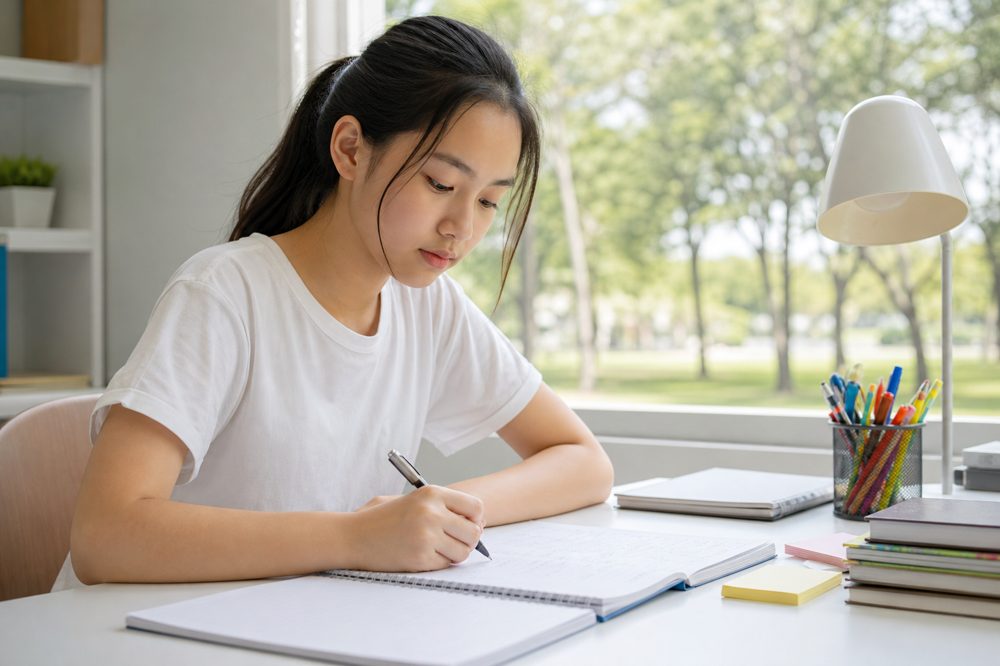 竹町公園近くの塾で勉強する中学生