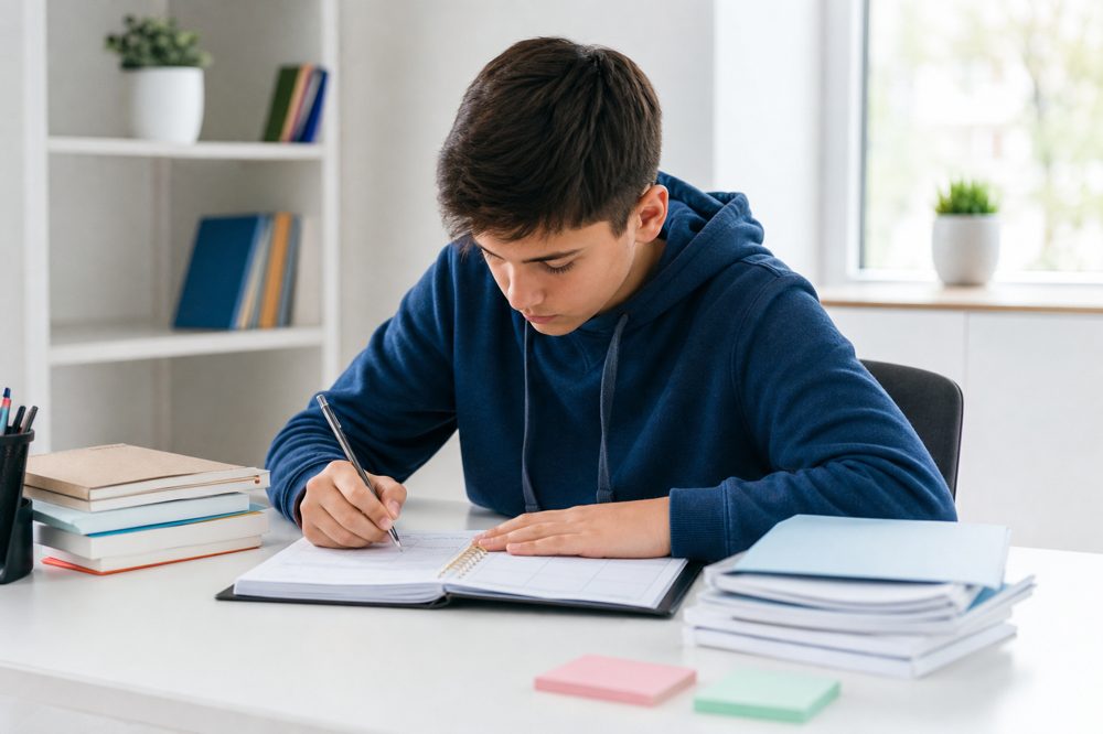 テスト計画表を作成して勉強に取り組む中学生