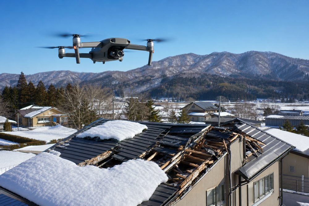岩手県の積雪で傷んだ住宅屋根をドローンで点検しているキービジュアル