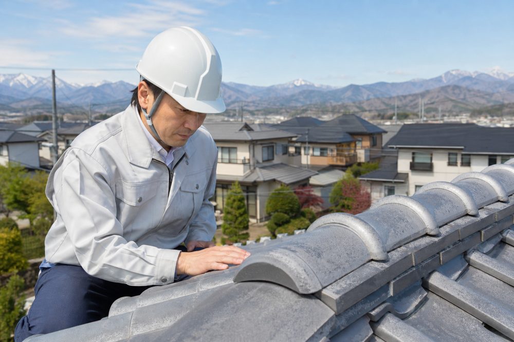 岩手の住宅で屋根点検をおこなう専門業者のようす