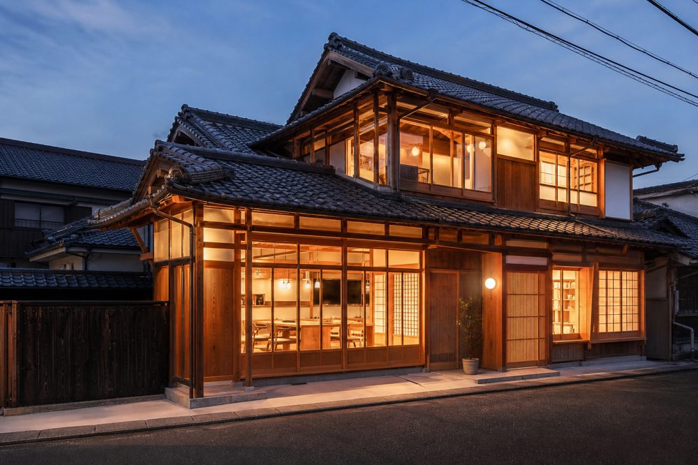 福山市で耐震リノベーションされた戸建て住宅の外観（夕暮れ時）