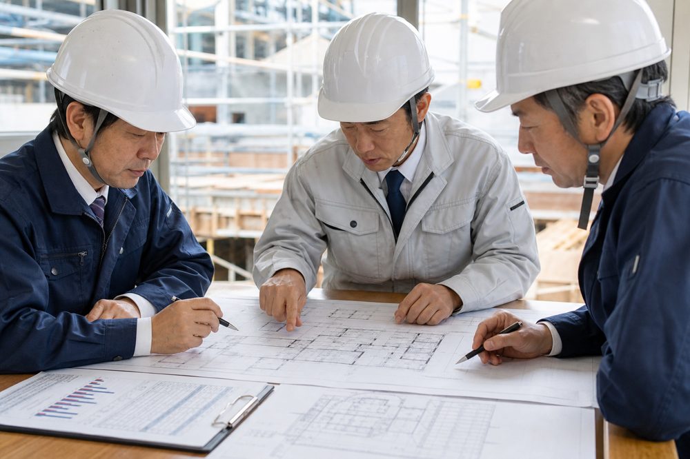 福山市の耐震リノベーション業者が見積書と設計図を比較検討している様子