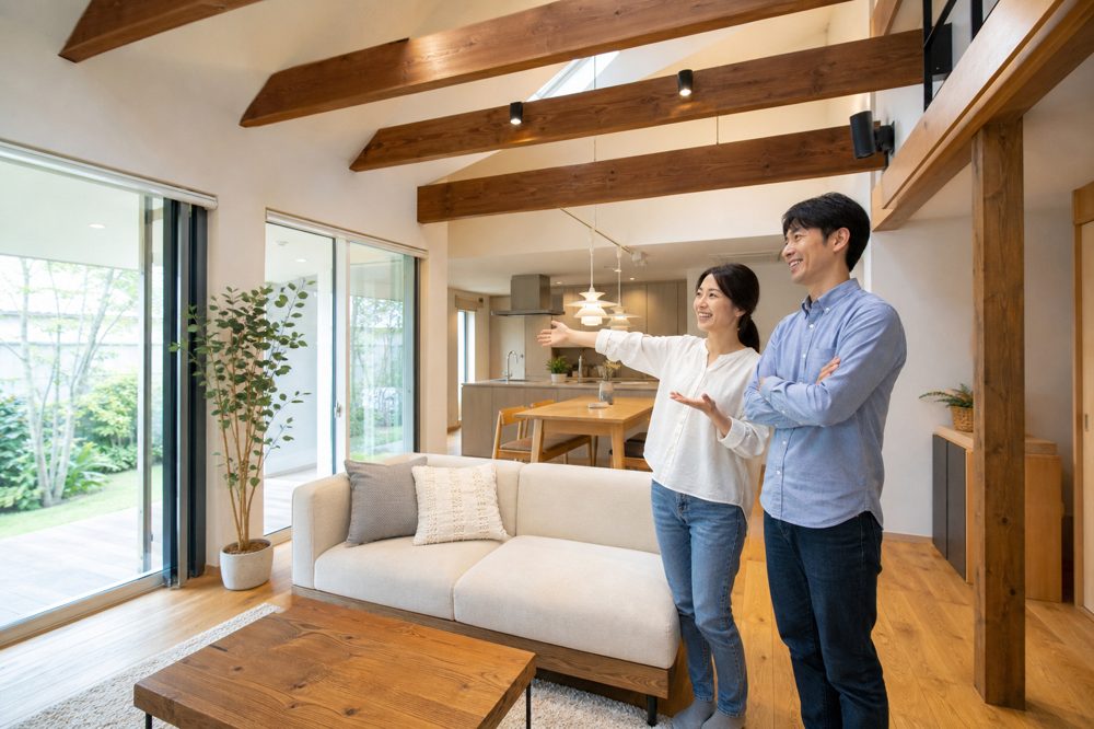 耐震リノベーション完了後の明るくなった和風リビングルームで喜ぶ夫婦