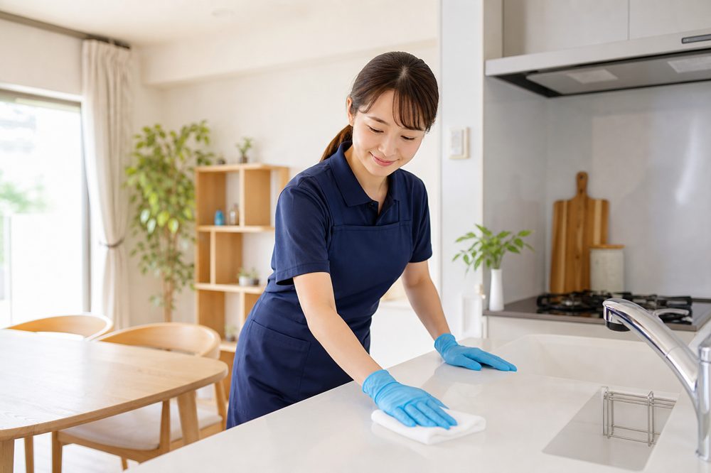 長崎のハウスクリーニング業者がキッチンをプロの技で清掃している様子