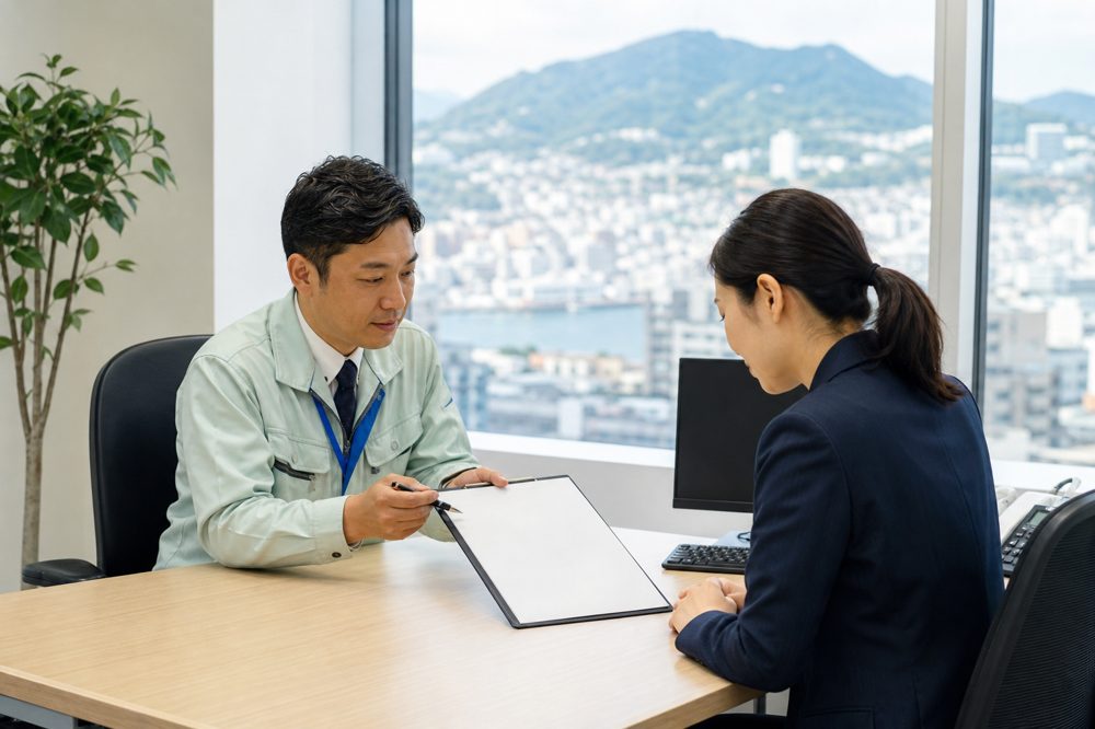 長崎のオフィスで清掃業者が担当者に見積書を提示している様子