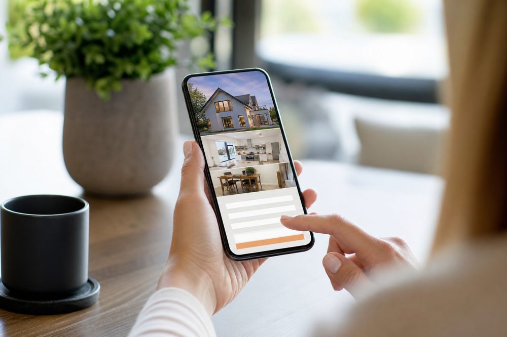 スマートフォンで工務店Webサイトの問い合わせフォームを操作する手元