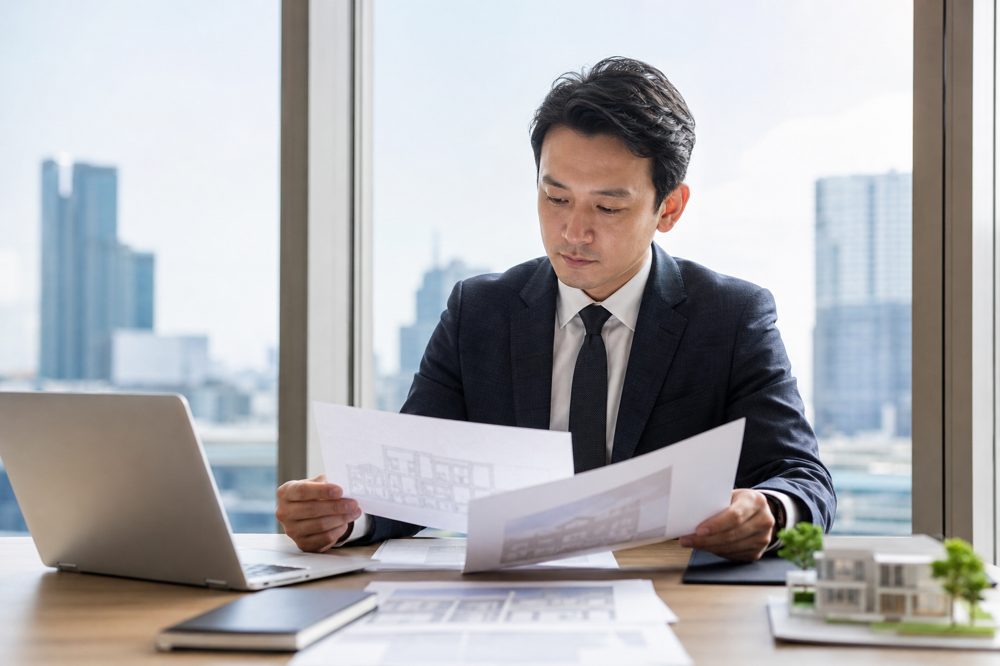 スーツ姿の会社員が不動産投資の書類を確認している様子
