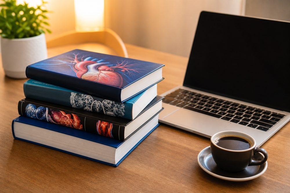 木製デスクに積まれた医学書とノートパソコンとコーヒーカップ