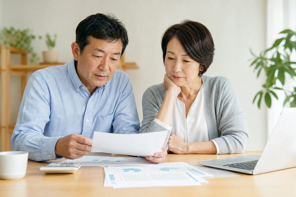 50代夫婦が自宅で退職金の運用について相談している様子