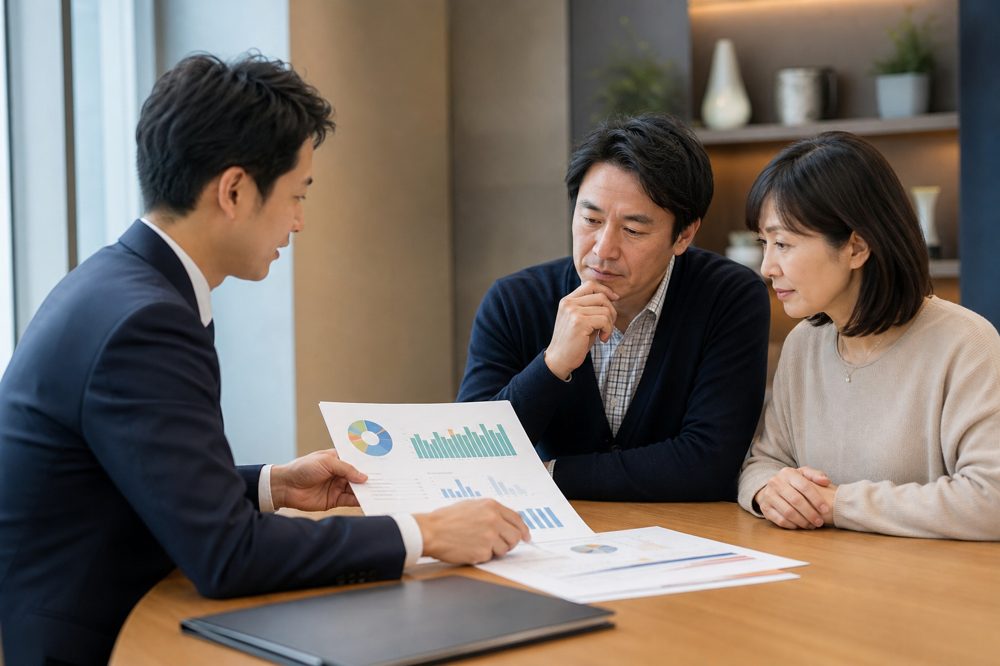 FPが50代の夫婦に退職金運用プランを説明している様子