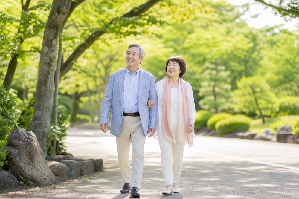 老後を穏やかに過ごす日本の退職後夫婦の公園散歩シーン