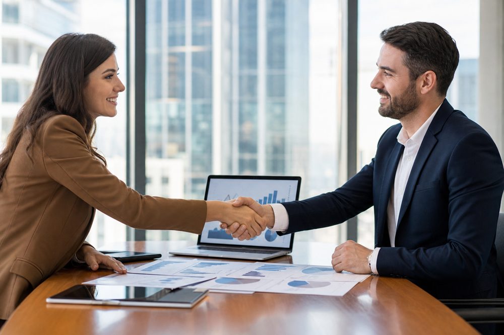 企業価値の算定結果をもとにM&A交渉で合意する経営者たち
