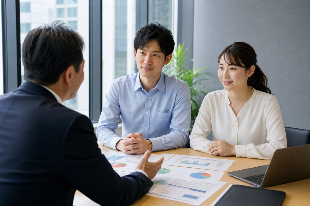 ファイナンシャルプランナーに相談する夫婦のシーン
