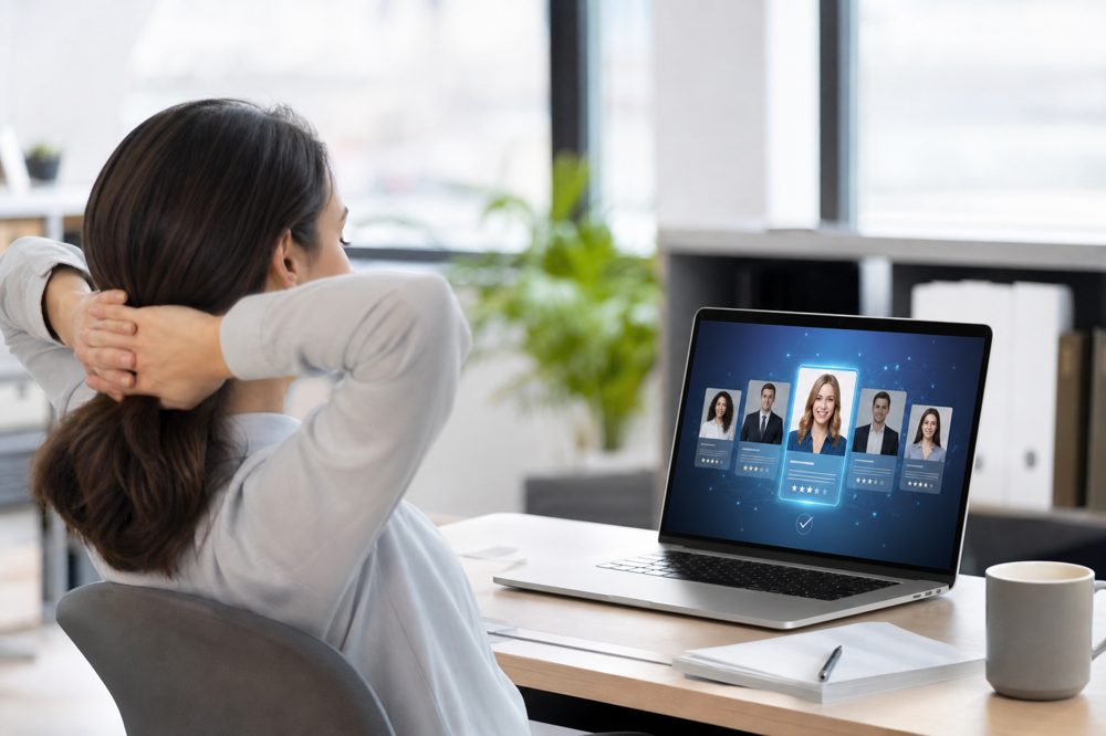ダイレクトリクルーティング代行のイメージ。担当者がリラックスしながらAIが候補者マッチングを行う様子