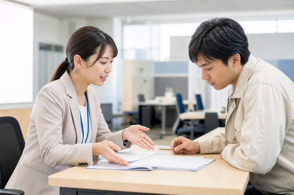 登録支援機関のスタッフが外国人労働者に書類を説明している場面