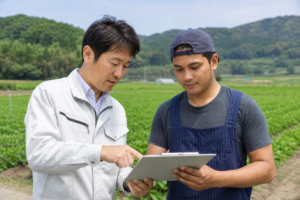 九州の農場を背景に日本人経営者と外国人労働者がチェックリストを確認している場面