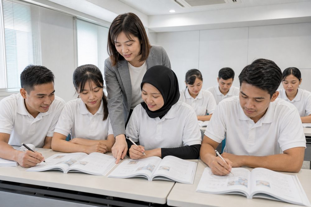 ベトナム・インドネシア人介護スタッフが研修室で日本語を学んでいる様子