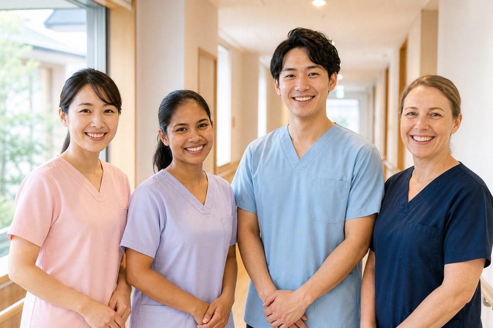 日本人と外国人の介護スタッフが現代的な介護施設の廊下で笑顔で並んでいる様子