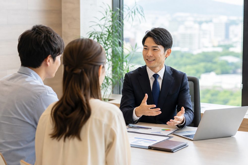 宮城のFP無料相談イメージ。明るいオフィスでFPに相談するカップル