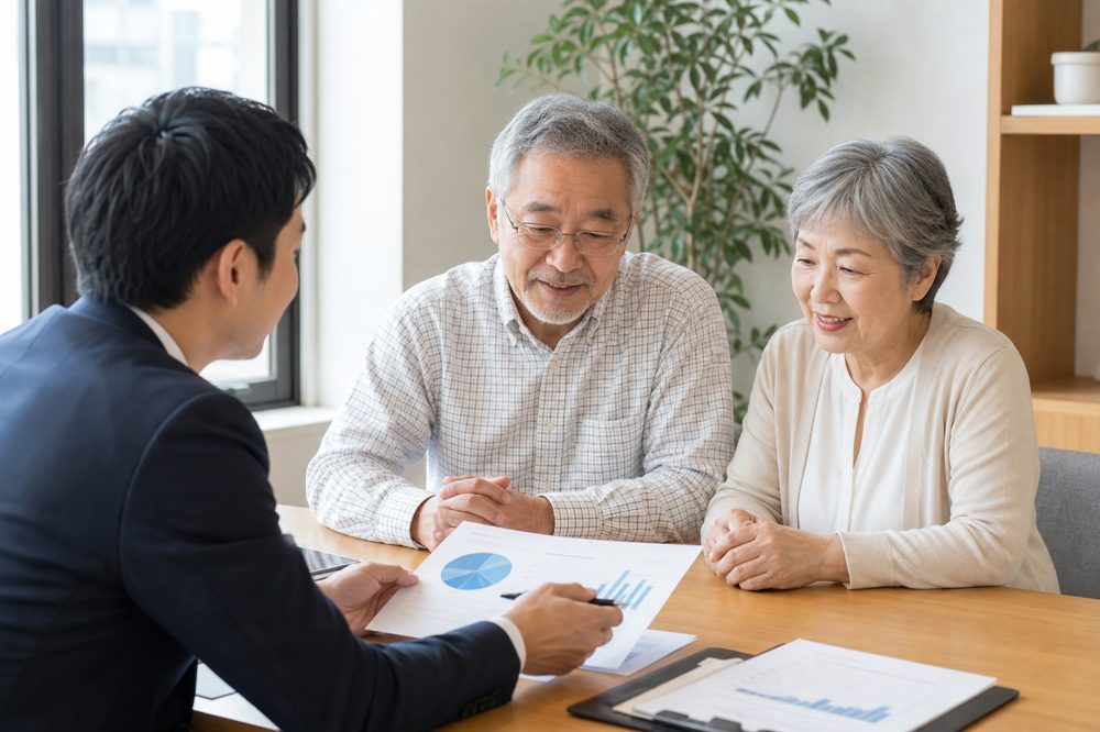 宮城のFPが高齢夫婦に老後資金の相談をしているシーン