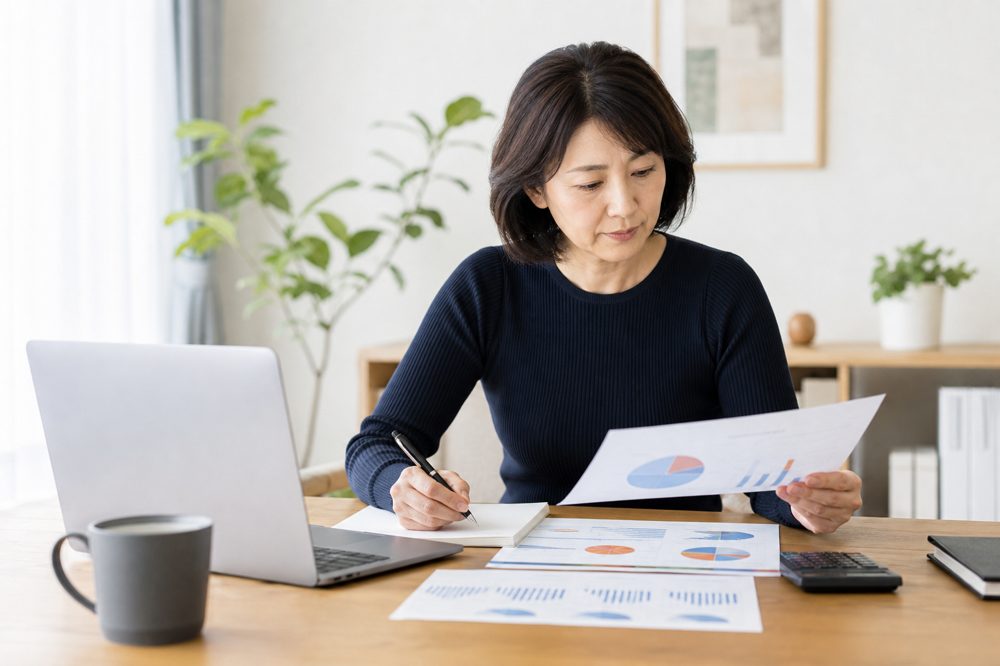 宮城のFP相談前に自宅で書類を整理している40代女性のイメージ