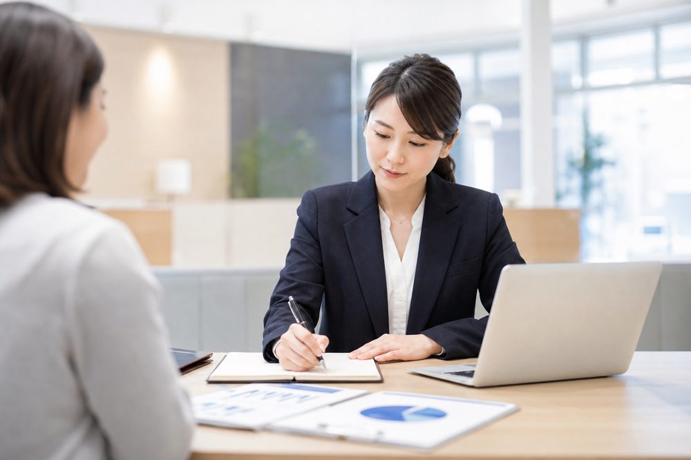 NISA相談窓口で担当者と話す30代女性のイメージ