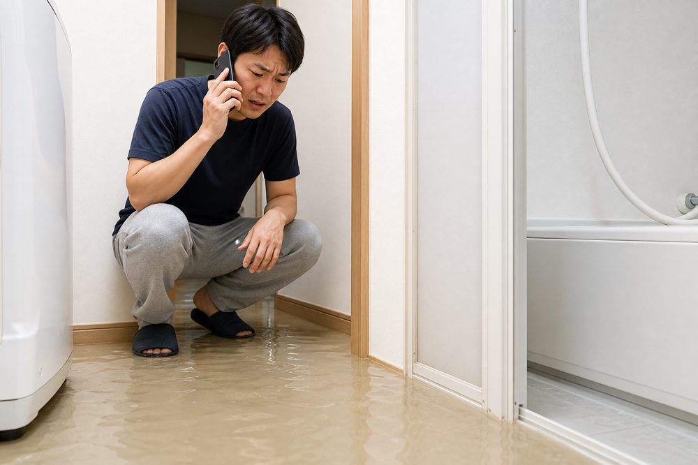 水漏れ被害に気づいてスマートフォンで業者に連絡する東京の住人