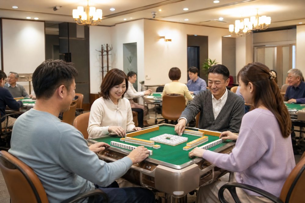 活気ある雀荘の内観と麻雀を楽しむプレイヤーたち