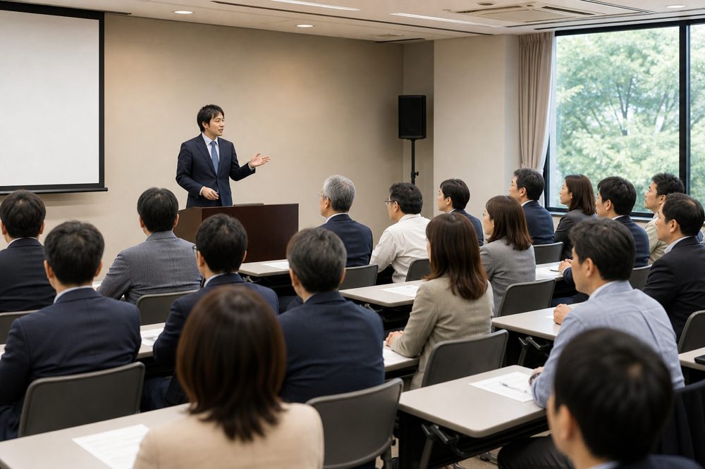 埼玉県内の会議室で外国人採用セミナーに参加している経営者たち