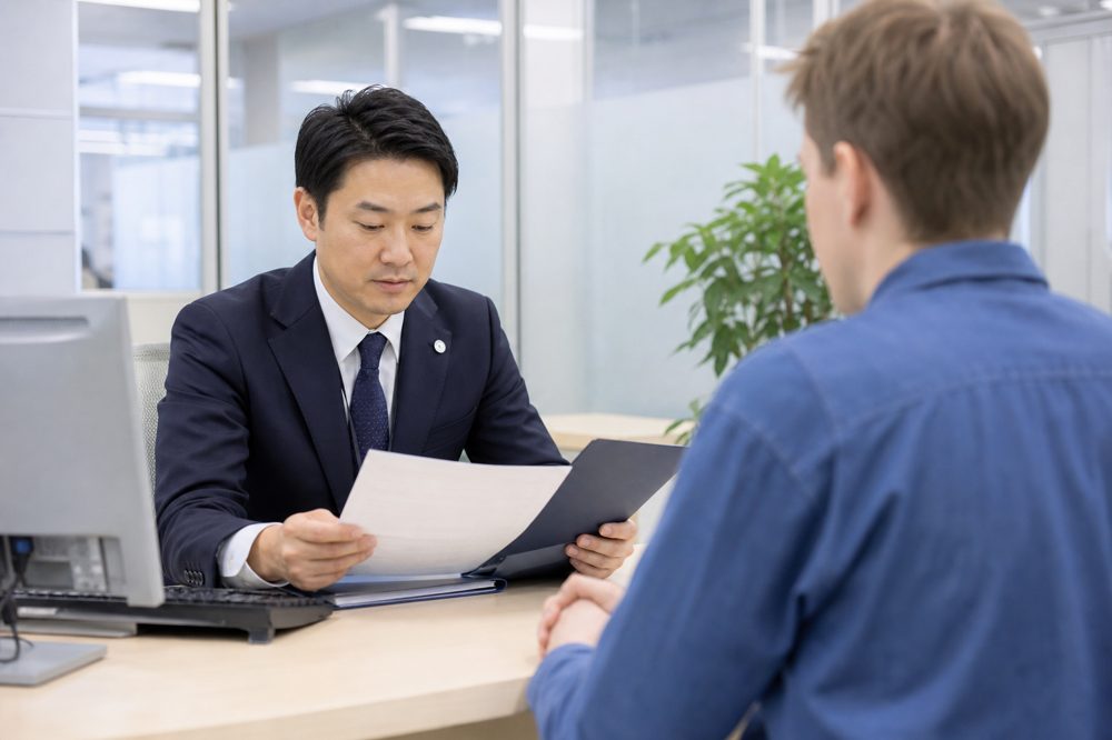 在留資格申請書類を確認する様子
