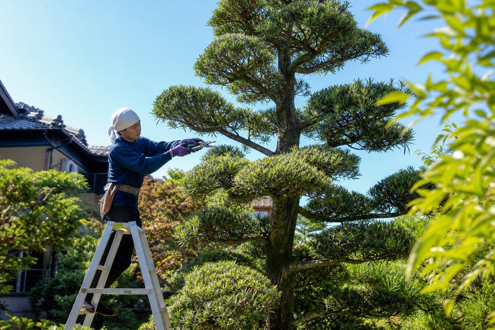 下関市の住宅庭で剪定作業をするプロの業者