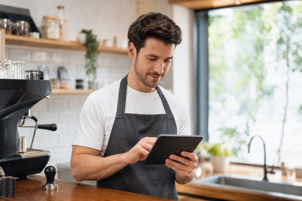 MEO対策の自動クチコミ通知をタブレットで設定する店舗オーナーのイメージ