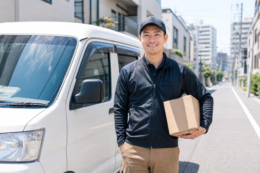 東京の街で白いバンの前に立つ業務委託ドライバーの男性