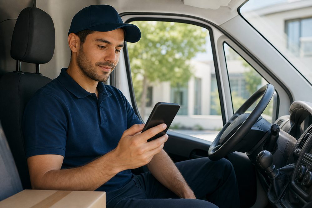 業務委託ドライバーが車内でスマートフォンの収益アプリを確認している場面