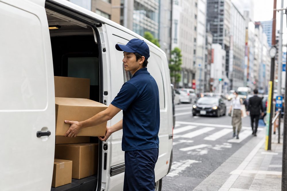 東京の街で白いバンに荷物を積み込む制服姿の配送ドライバー