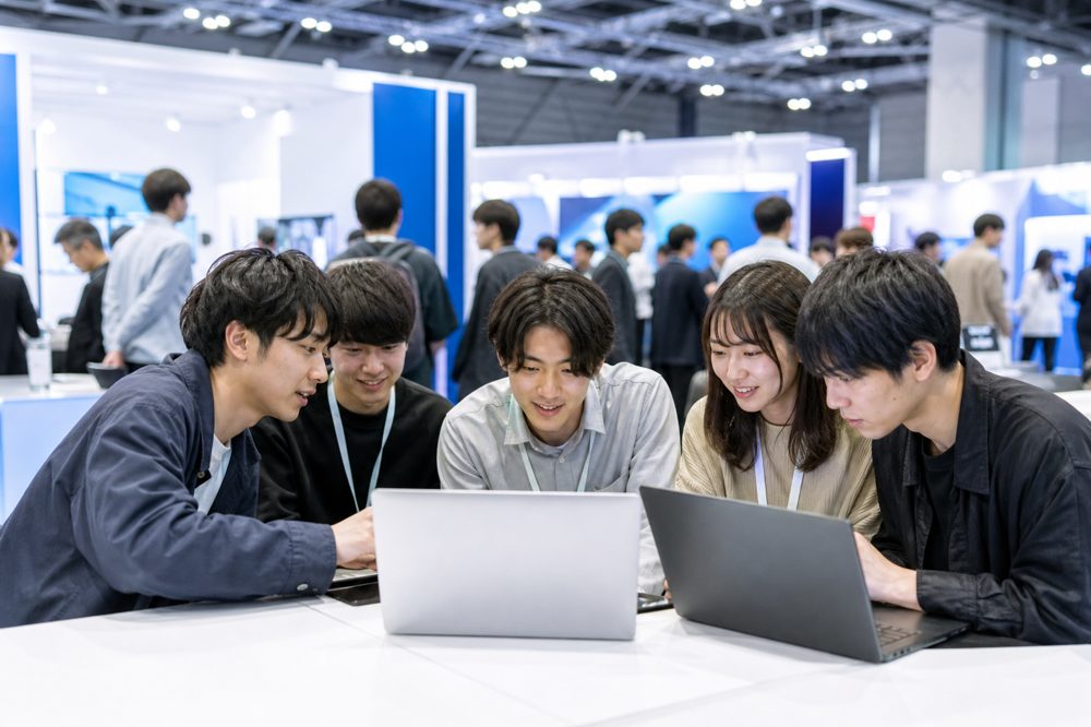 東京の採用フェアでラップトップを囲む新卒エンジニア学生たちと企業ブースの様子