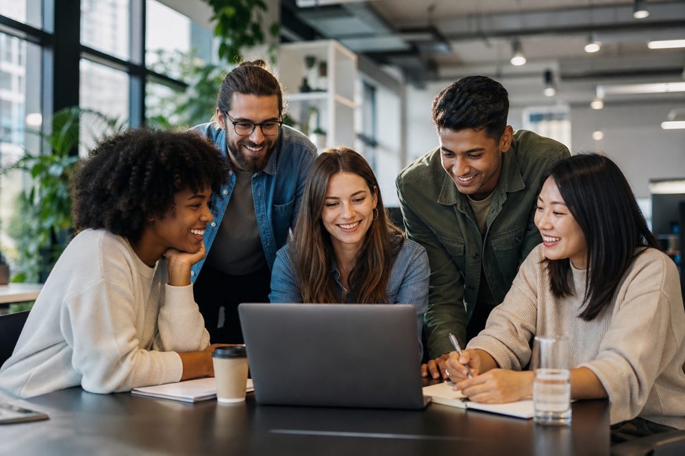 人材業界のオフィスでチームミーティングをする若手社員たち