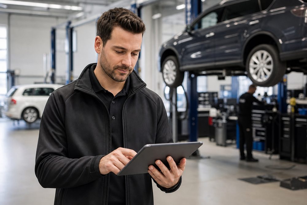 自動車整備店のサービスアドバイザーがタブレットで顧客記録を確認している様子