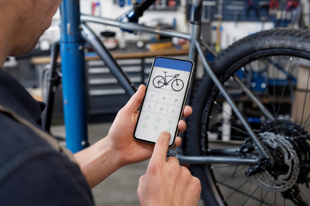 自転車修理工場でスマートフォンアプリに整備記録を入力しているクローズアップ画面