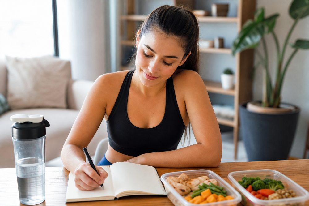初心者がノートにトレーニング記録をつけながら食事管理をしている様子
