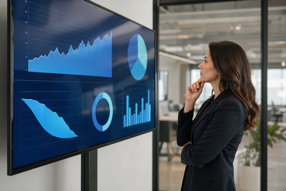 営業動画の視聴分析と成約率データを確認するビジネス女性