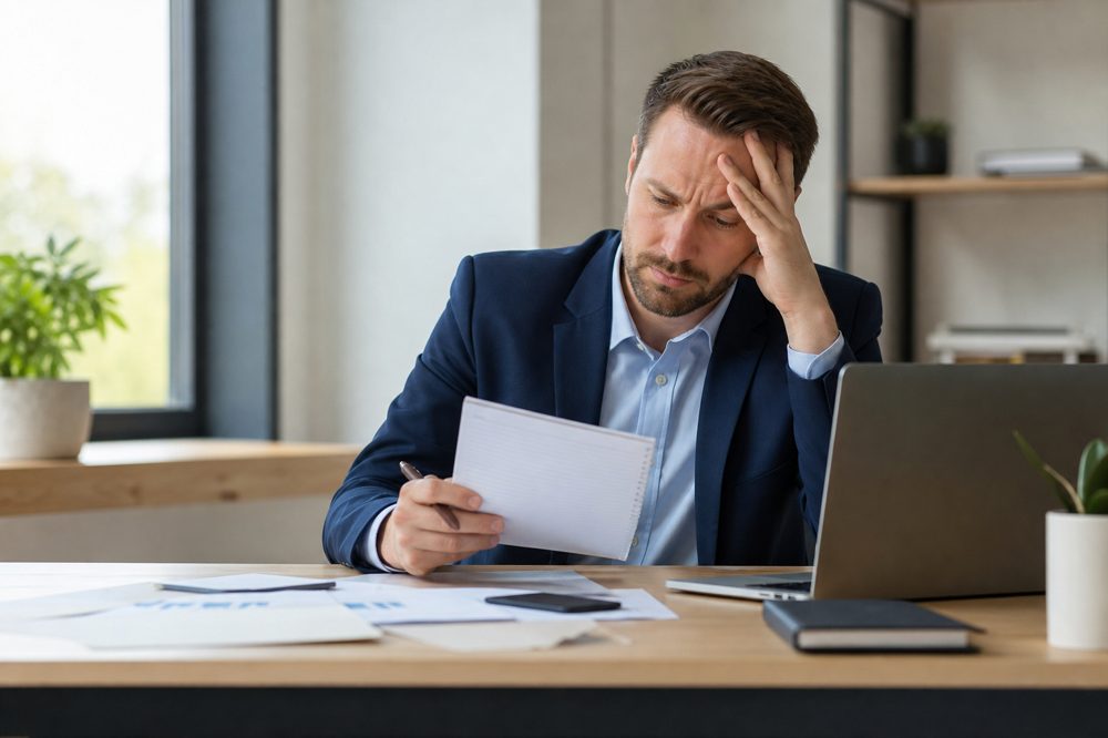 研修後に一人で振り返る悩んだ表情の営業担当者