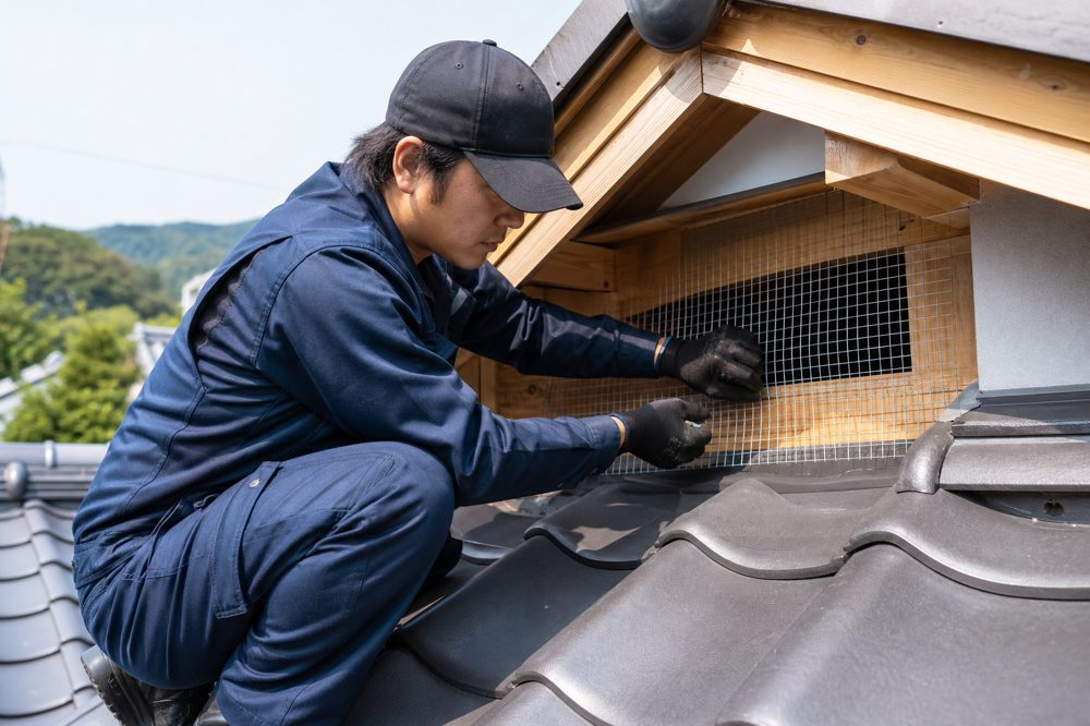 アライグマの再侵入を防ぐため金属メッシュで屋根裏の侵入口を封鎖する作業員
